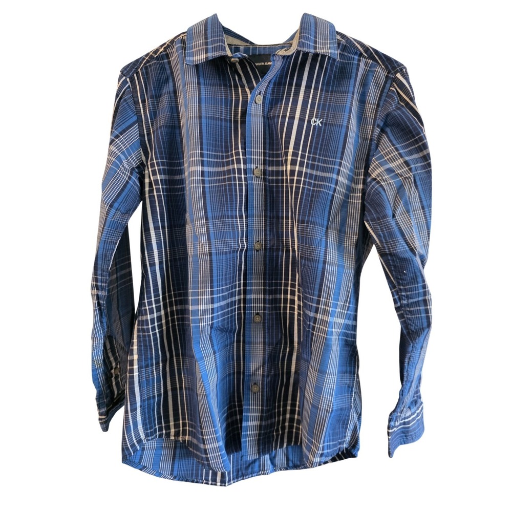 Calvin Klein Jeans Women's Blue Plaid Button Down Shirt Long Sleeve L 14/16 - Picture 1 of 7